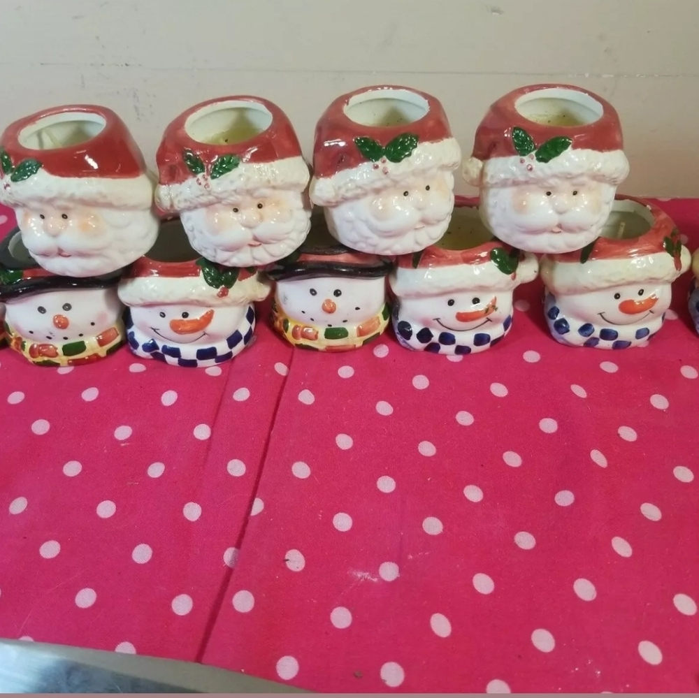 SNOWMAN HEADS Mini Candle Holders ceramic 2"H Set